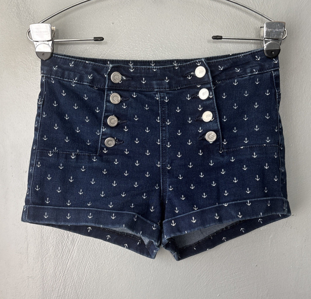 Y2K Nautical Micro Mini Shorty Shorts Size 7 Blue Stretch Denim Anchor Coastal